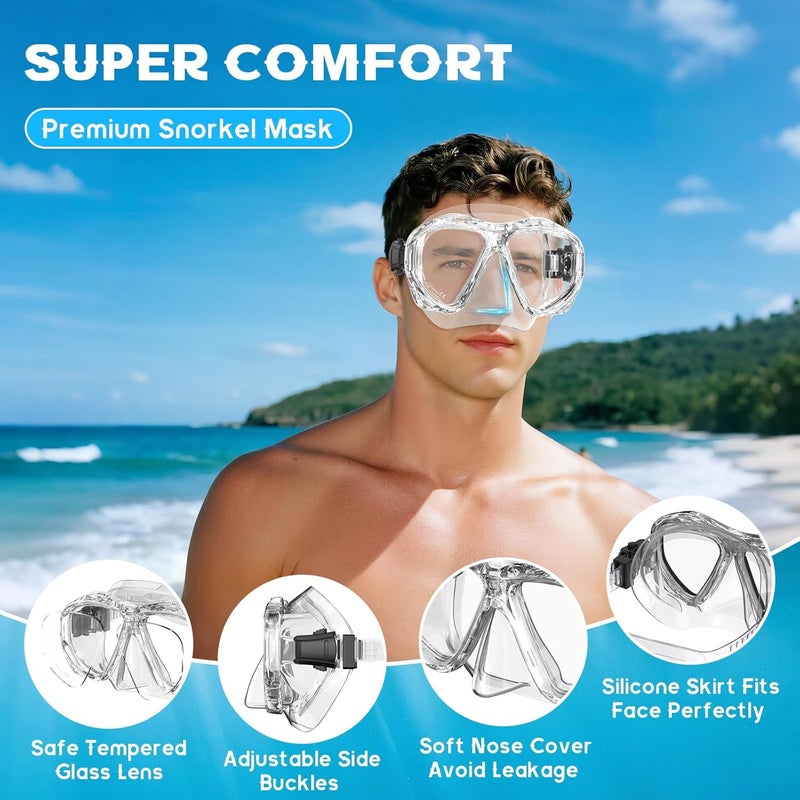 wutrye Snorkeling Gear for Adults, Dry Top Snorkel Mask Set, Diving Scuba Mask, Swimming Goggles with Nose Cover, HD Tempered Glass Panoramic Swim Freediving Anti-Leak Anti-Fog Travel Packages - Image 3